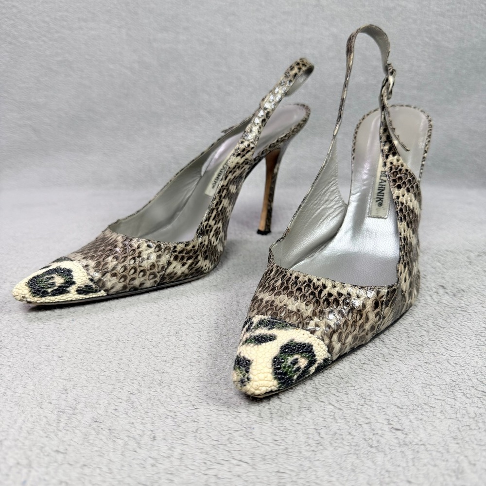 Manolo Blahnik Womens 39 Brown Snakeskin Stingray Carolyne Slingback Pump Heel